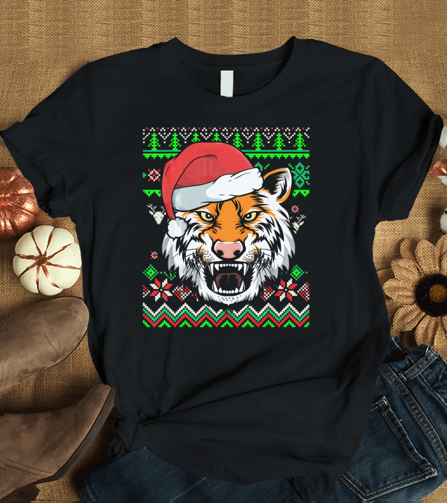 Zoo Animal Tiger Santa Hat Ugly Christmas T-Shirt