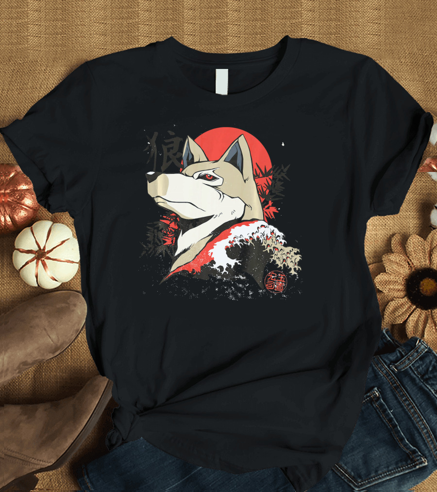 Wolf 90s Japanese Aesthetic Otaku Kanji Red Sun Wave Motif T-Shirt