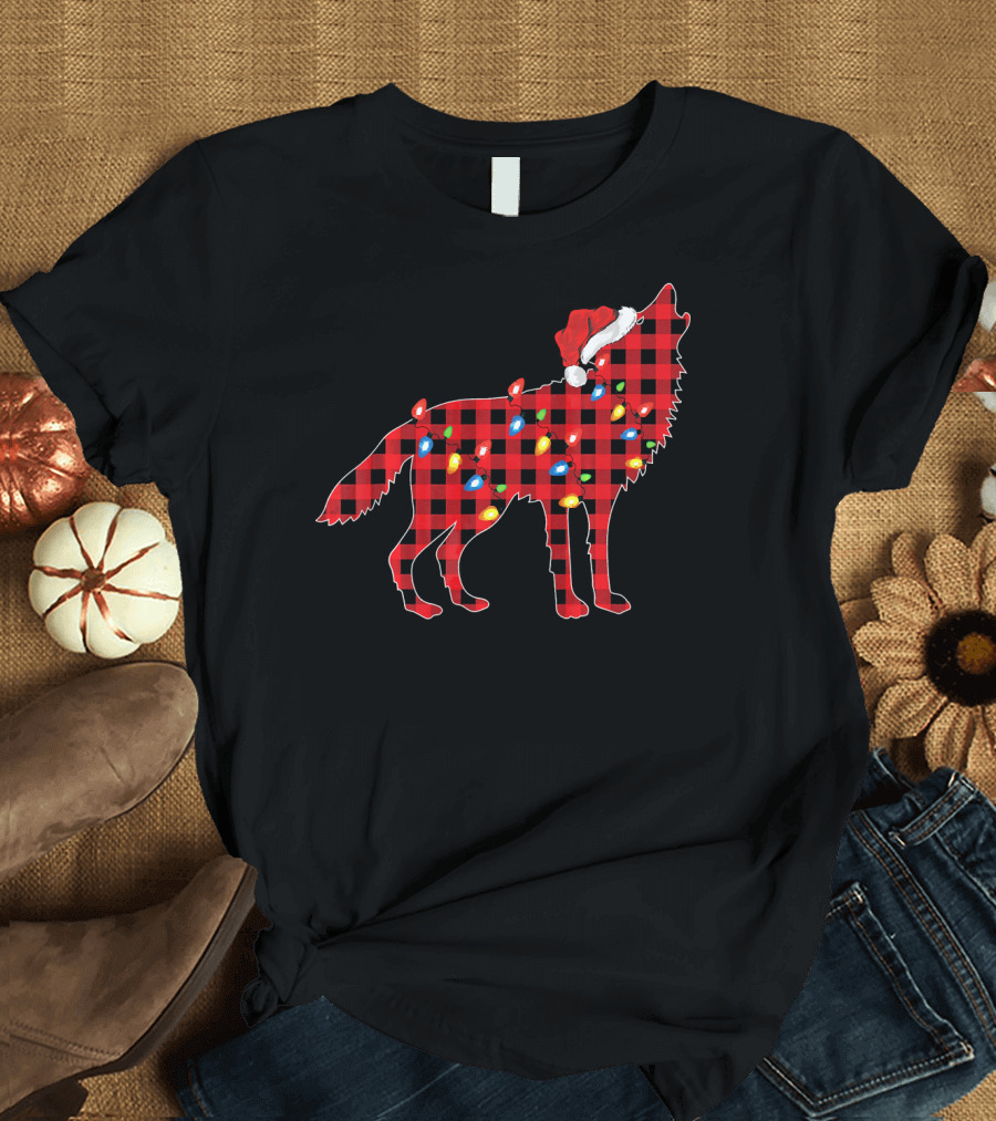 Wolf Family Matching Group Christmas Buffalo Plaid Santa Hat Lights T-Shirt