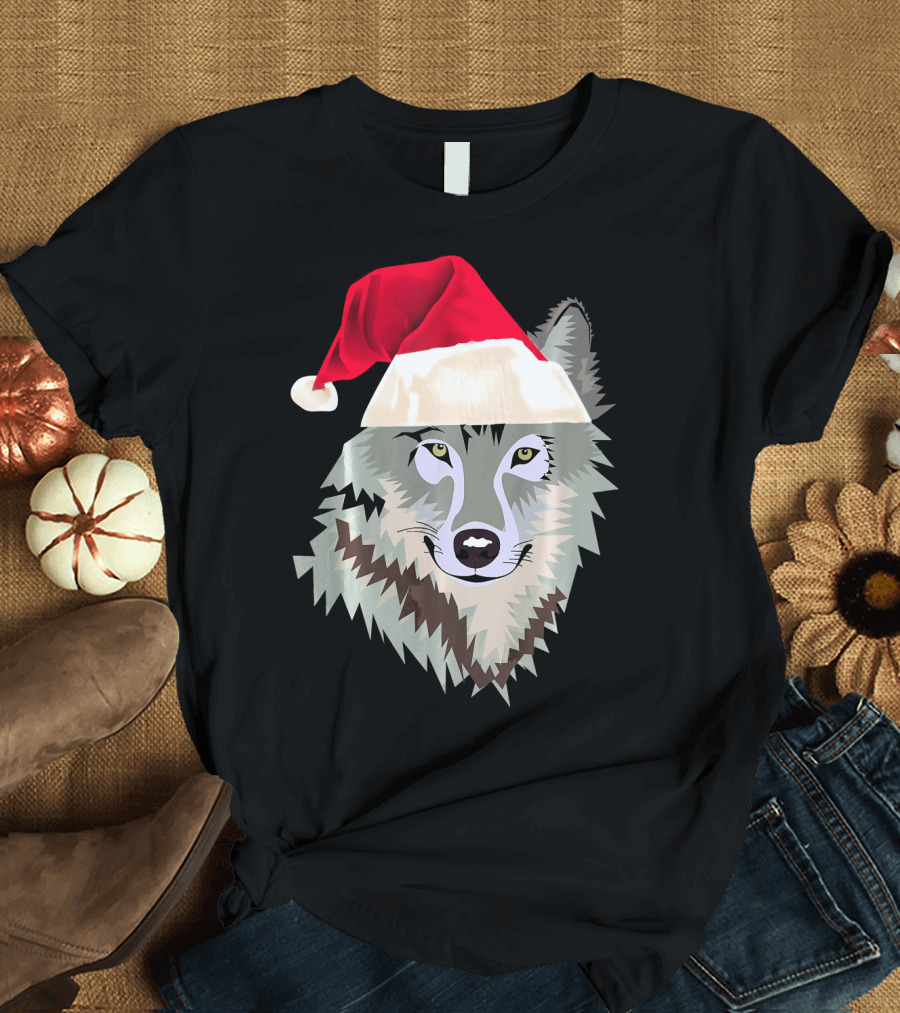 Wolf with Santa Hat Holiday T-Shirt