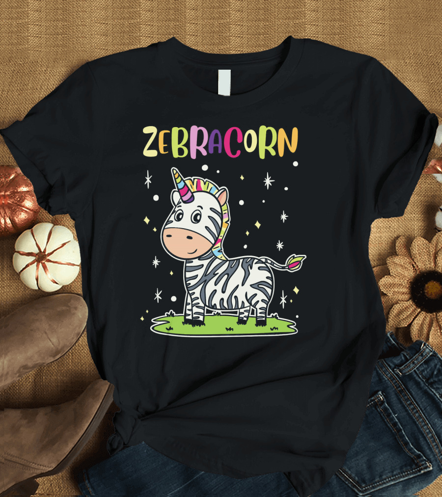 Zebracorn Zebra Unicorn Cute Fantasy Creature with Rainbow Horn and Stars T-Shirt