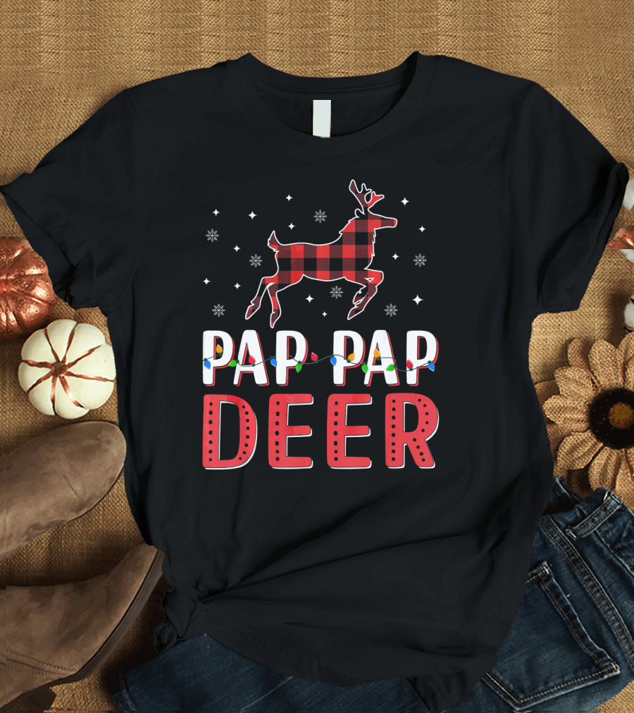 Pap Pap Deer Xmas Christmas Light Reindeer Plaid Snowflakes T-Shirt