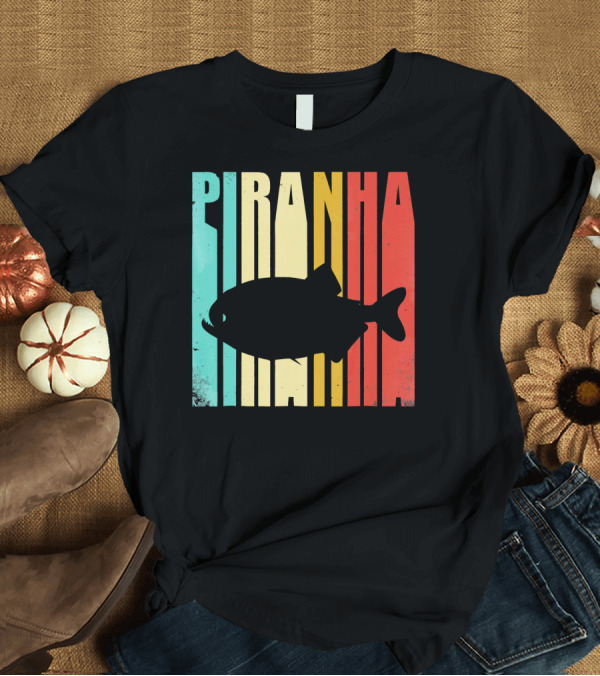 T-Shirt: Piranha Retro Striped Silhouette Vintage T-Shirt Piranha Retro Striped Silhouette Vintage T-Shirt