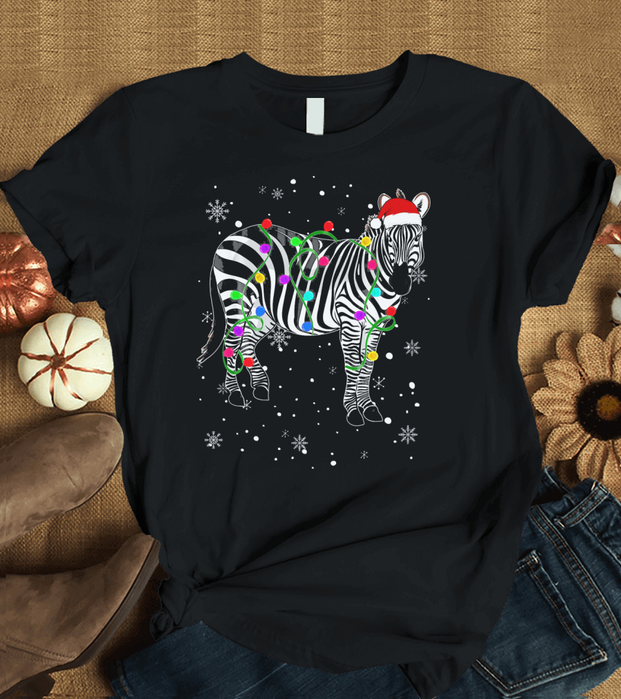 Zebra with Christmas Lights and Santa Hat Festive Holiday Snowflakes T-Shirt