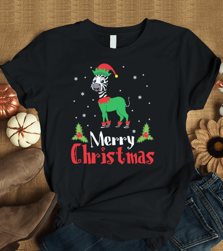 Merry Christmas Zebra Elf Costume with Holly and Snowflakes T-Shirt