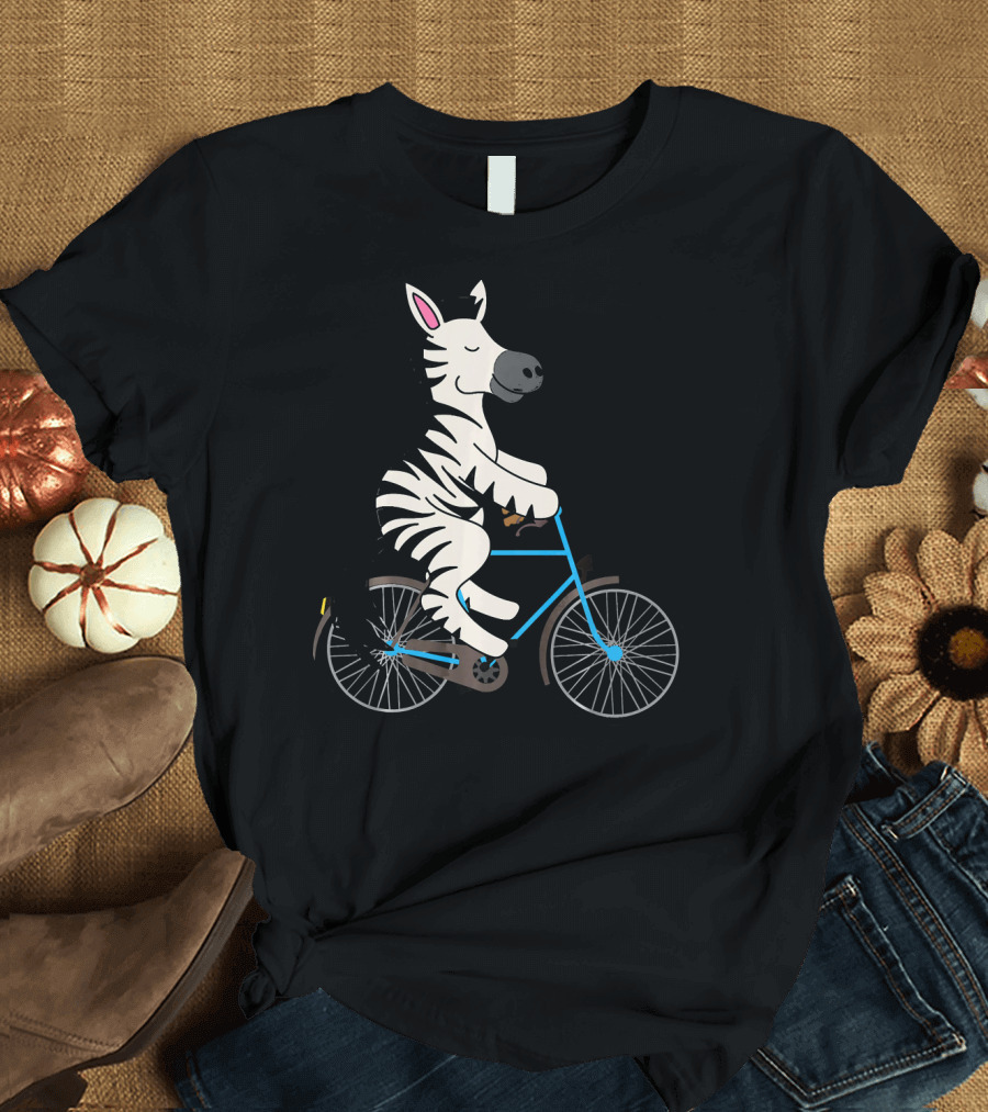 Zebra on Bike Black White Stripe Biking Riding Bicycle T-Shirt