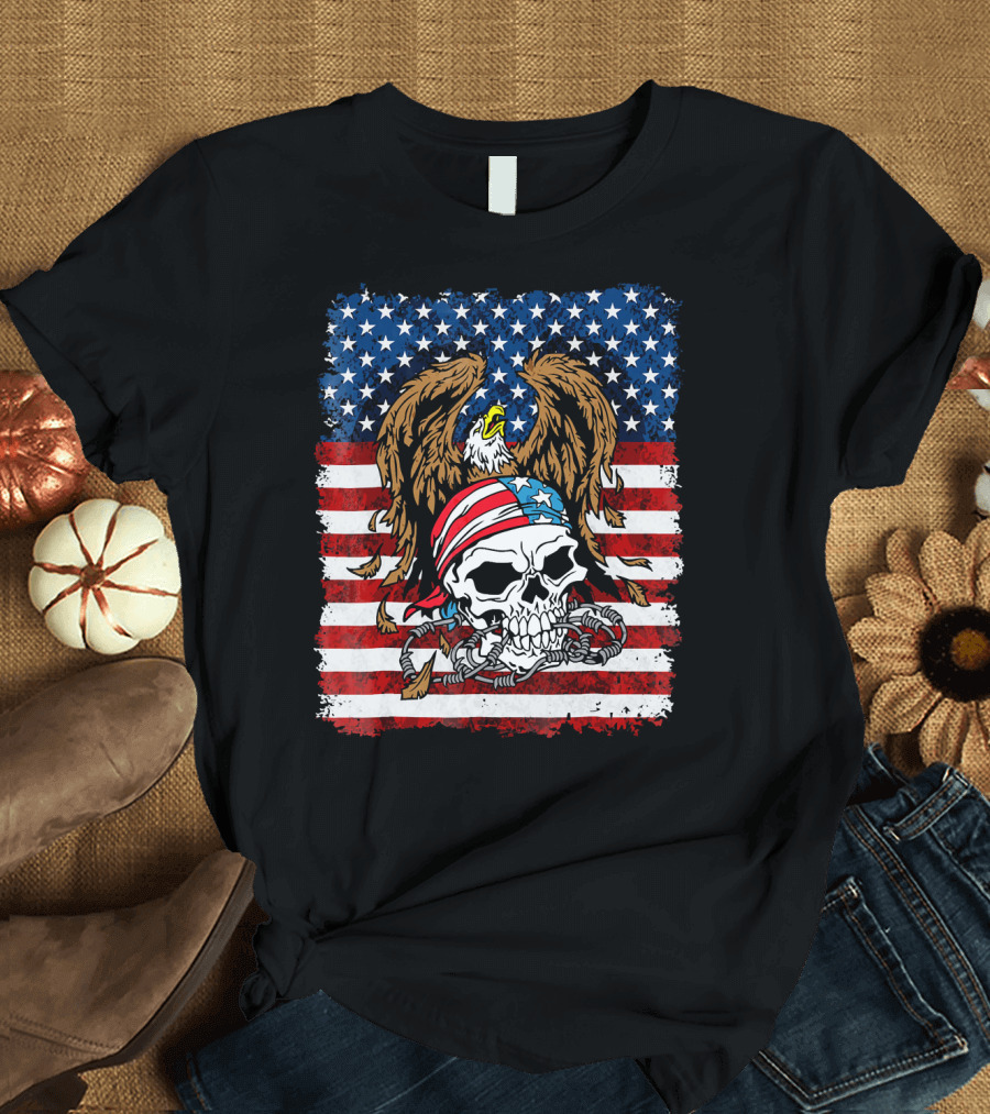 Bald Eagle and Skull with American Flag Background T-Shirt
