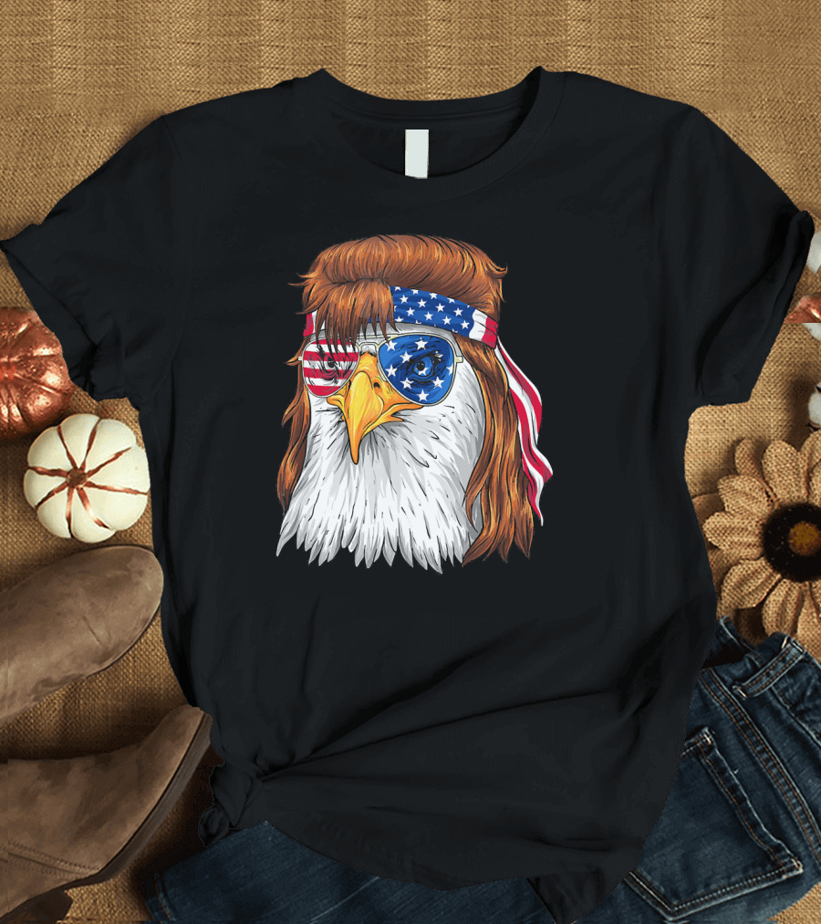 4th of July Bald Eagle Mullet USA Flag Sunglasses T-Shirt