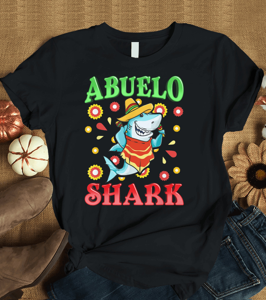 Abuelo Shark Sombrero and Poncho Cartoon with Colorful Flowers T-Shirt