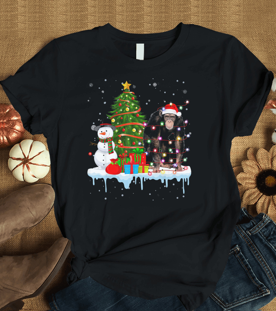 Chimpanzee Santa Lights Christmas Tree Snowman Presents T-Shirt