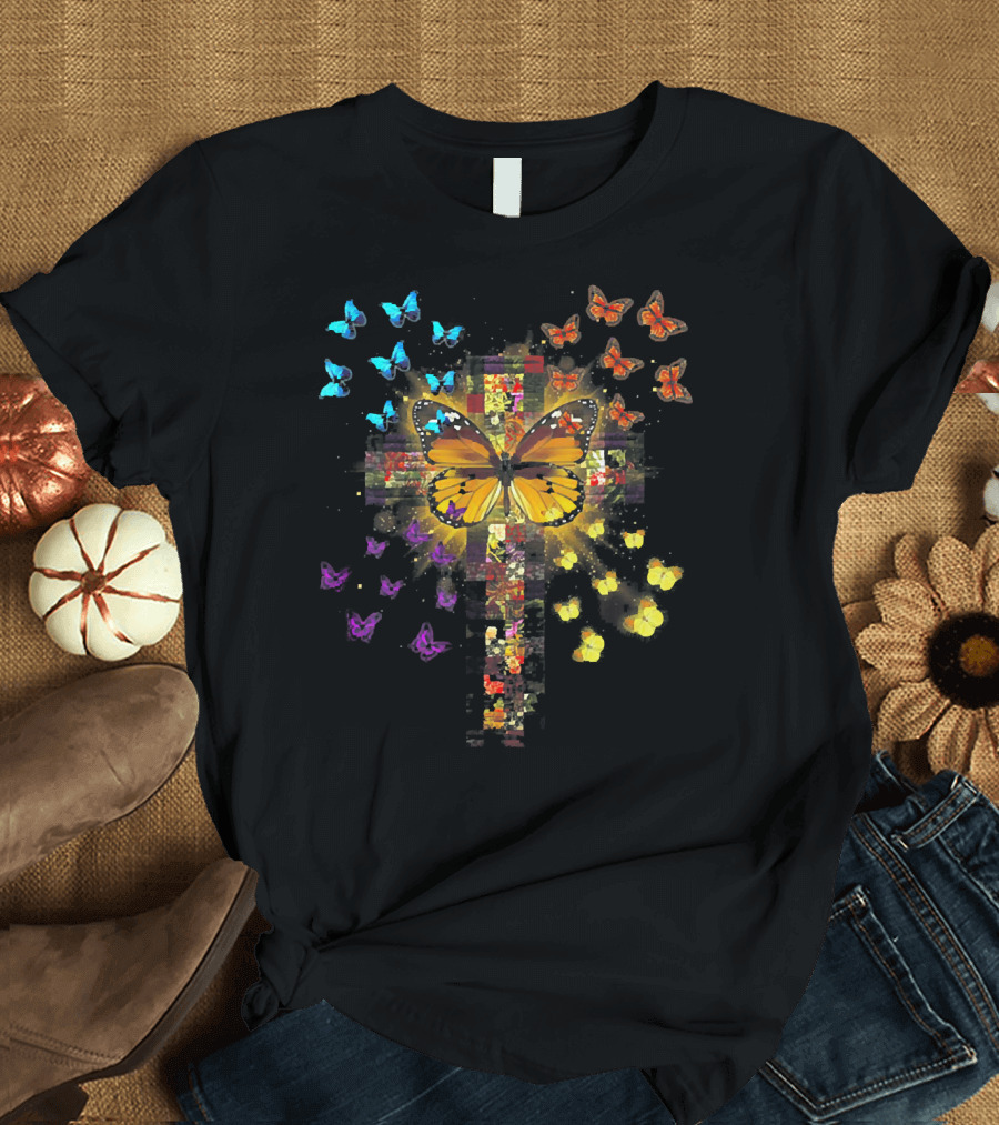 Butterfly Christian Butterfly Holy Cross Colorful Swarm T-Shirt