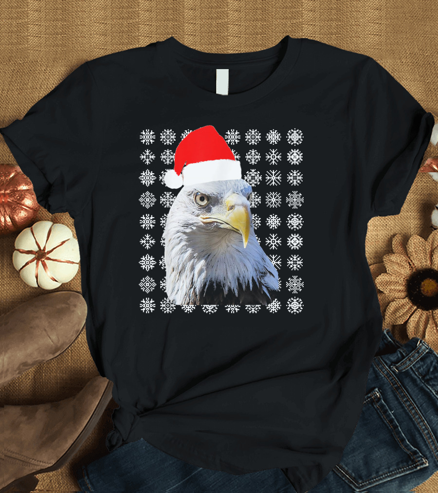 Bald Eagle in Santa Hat with Snowflake Background T-Shirt
