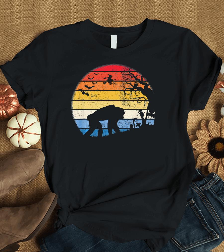 Chimpanzee Silhouette with Witch Flying in Moonlit Halloween Scene T-Shirt