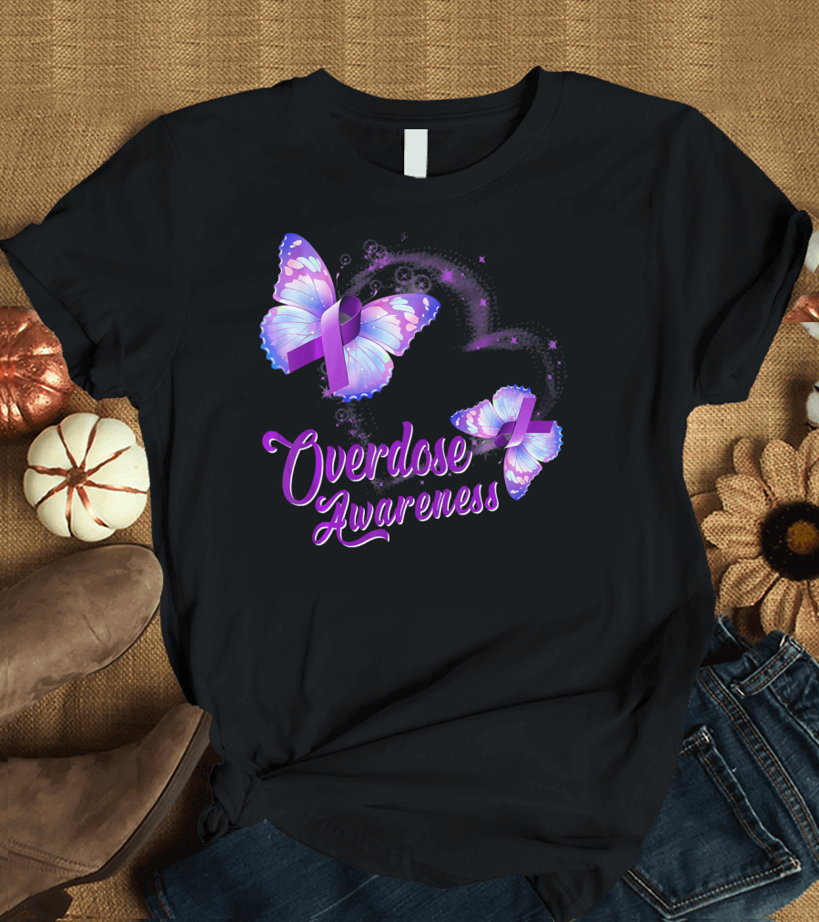 Overdose Awareness Butterfly Purple Ribbon Opioid Overdose T-Shirt