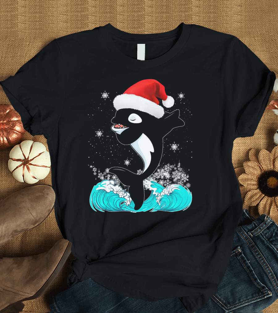 Christmas Orca Whale in Santa Hat Dabbing Amidst Snowflakes and Waves T-Shirt