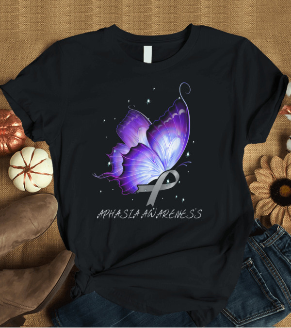 T-Shirt: APHASIA AWARENESS Butterfly Ribbon with Purple Wings T-Shirt APHASIA AWARENESS Butterfly Ribbon with Purple Wings T-Shirt