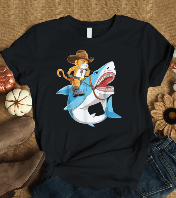 T-Shirt: Cowboy Cat Riding Shark T-Shirt Cowboy Cat Riding Shark T-Shirt