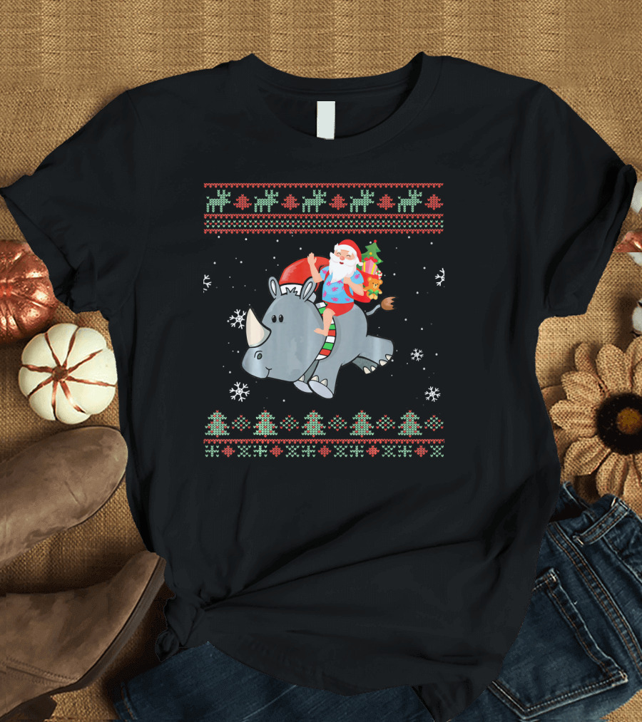 Christmas Rhino Santa Claus Ugly Xmas Co Snowflakes Reindeer Gift T-Shirt
