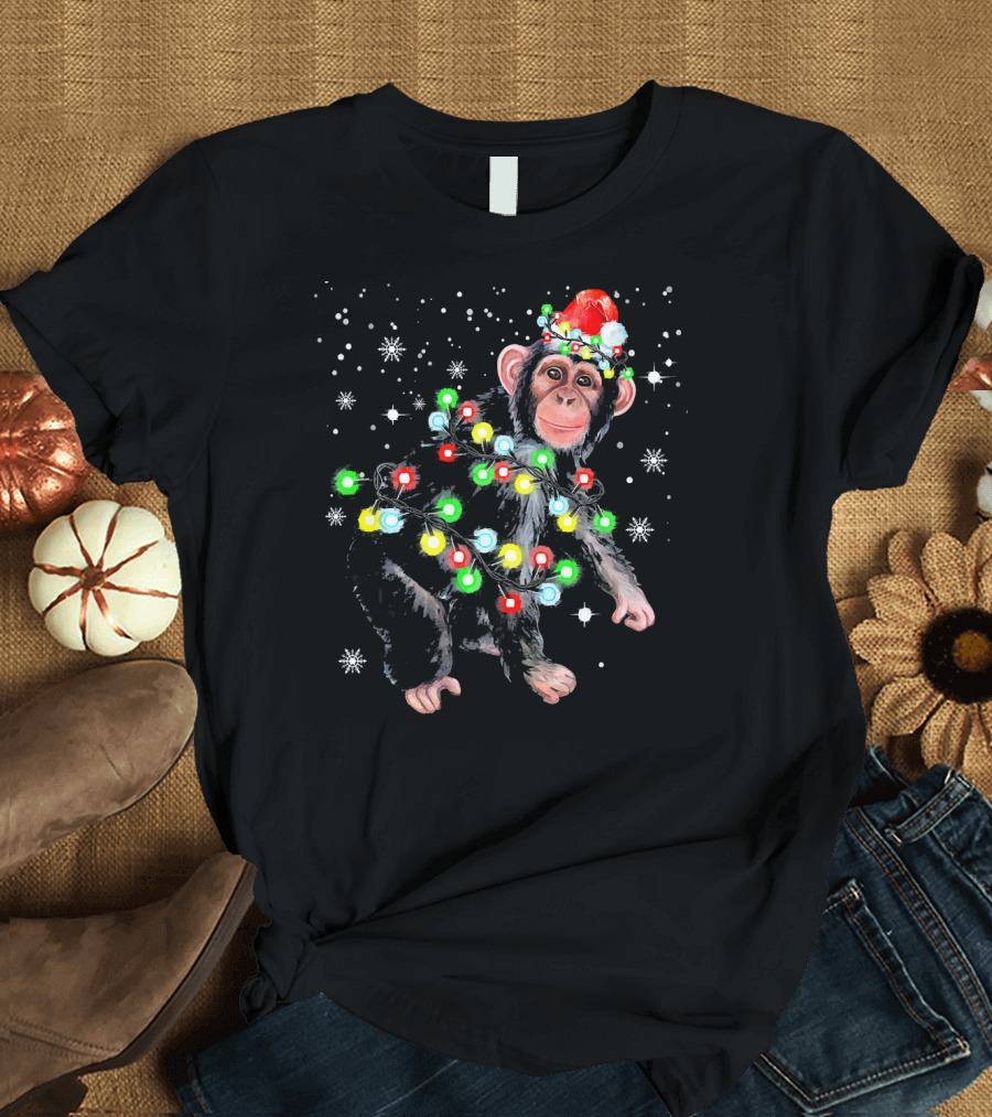 Chimpanzee Wrapped in Christmas Lights and Santa Hat with Snowflakes T-Shirt