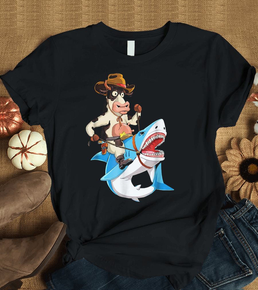 Cow Riding Shark Cowboy Comedy Adventure T-Shirt
