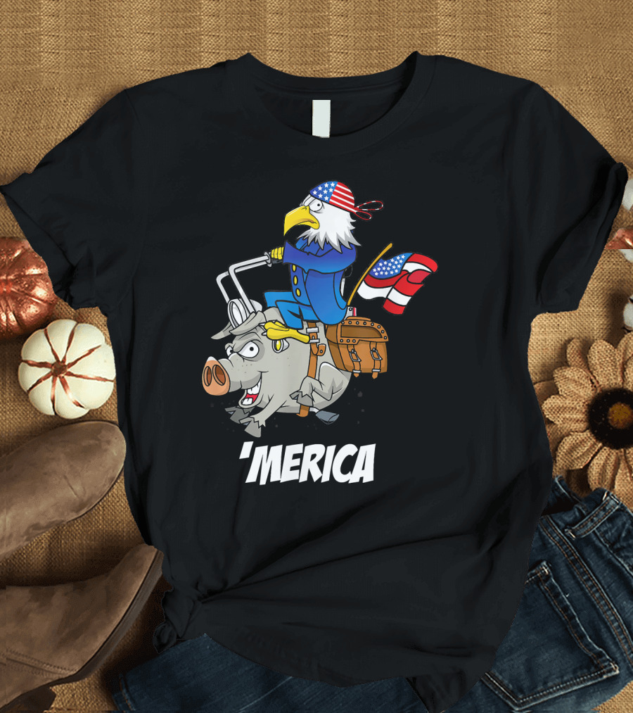 'Merica Eagle Riding Motorcycle Pig with American Flag T-Shirt
