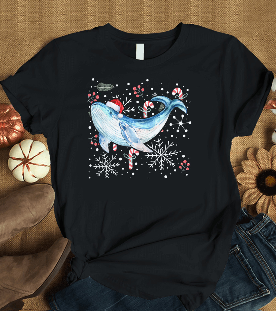 Blue Whale Santa Hat Candy Cane Snowflakes Christmas Watercolor T-Shirt