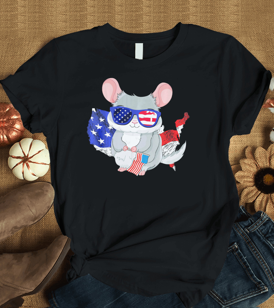 Chinchilla with Sunglasses Holding American Flag in Front of USA Map T-Shirt