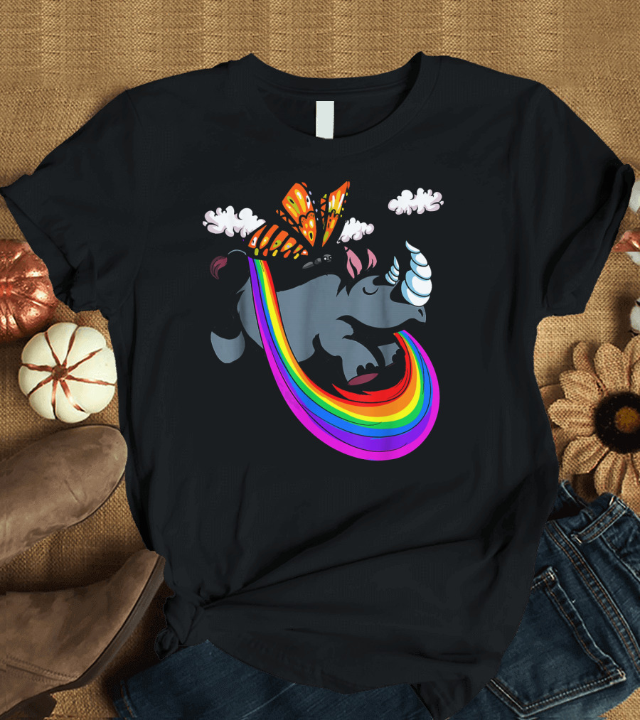Butterfly Riding Rhino Magic Rainbow Jungle Clouds T-Shirt