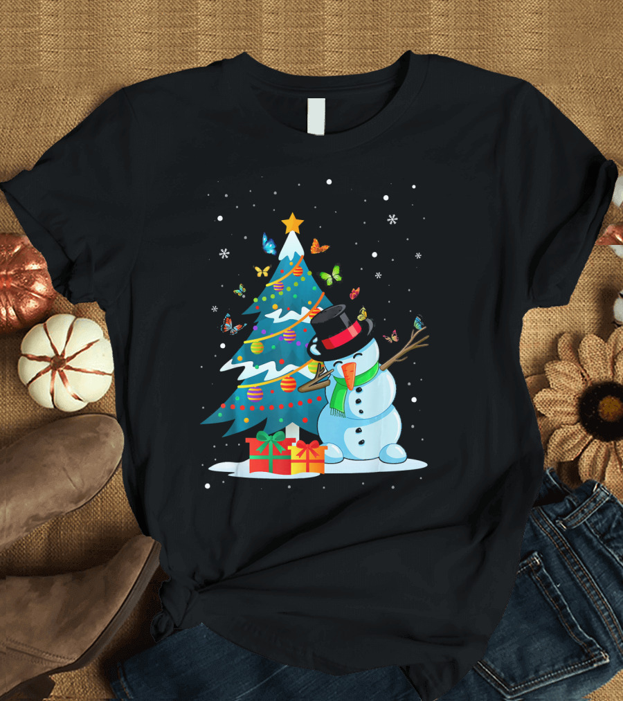 Butterfly Snowman Christmas Holiday Tree with Presents T-Shirt