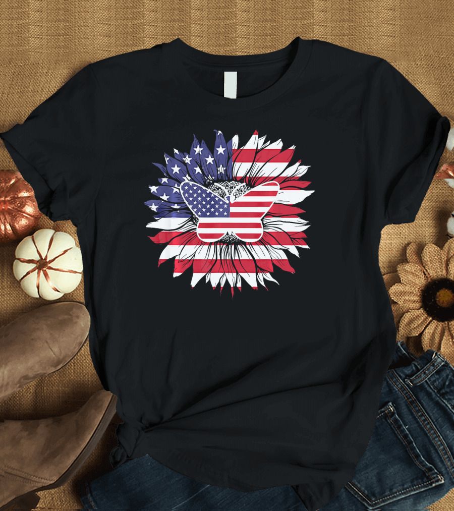 Butterfly US Flag American Sunflower T-Shirt
