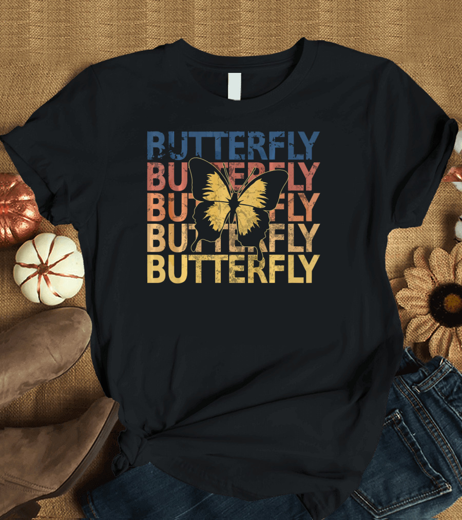 Butterfly Retro 1970s Vibe Multicolor Stacked Text T-Shirt