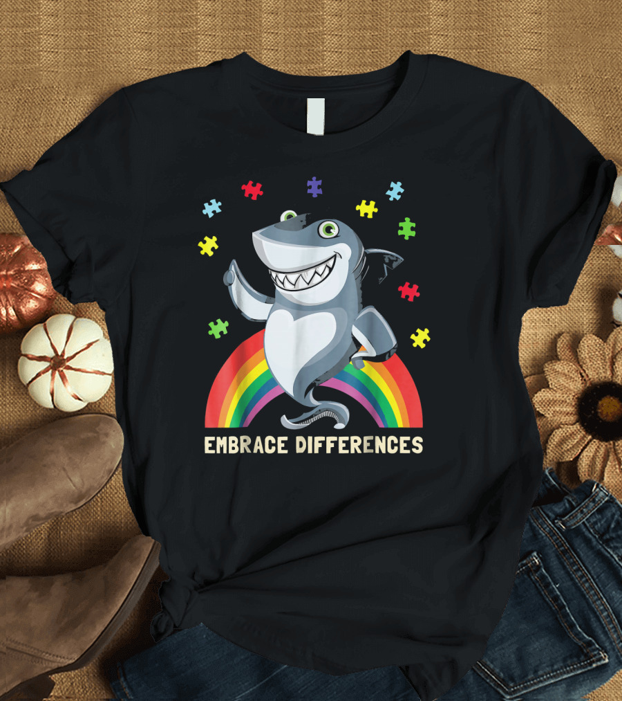 Embrace Differences Autism Awareness Shark with Rainbow and Puzzle Pieces T-Shirt