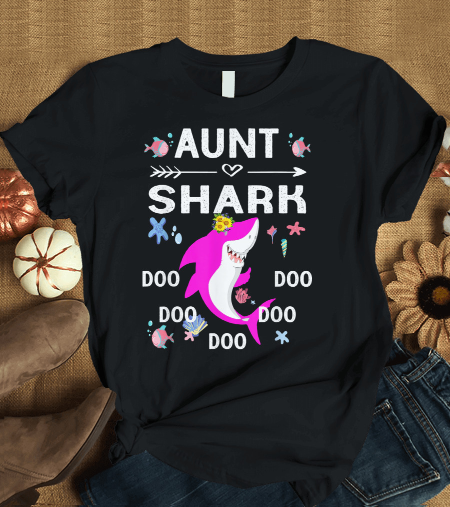 Aunt Shark Doo Doo Doo Pink Shark with Flowers and Sea Creatures T-Shirt