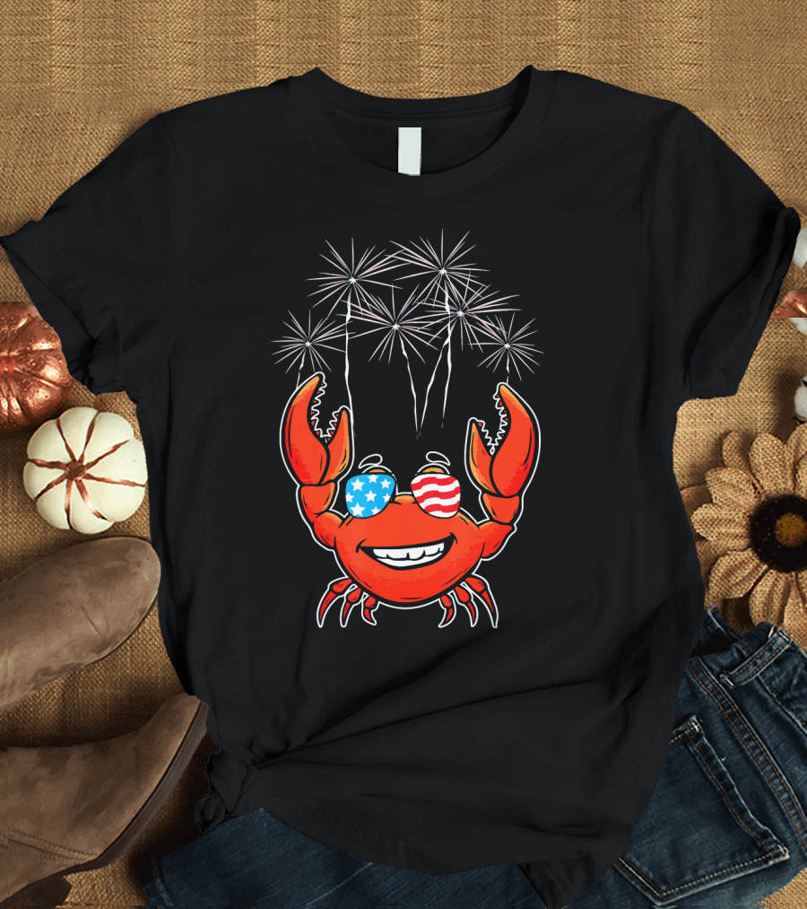 Festive 4th of July Crab with American Flag Sunglasses and Fireworks T-Shirt