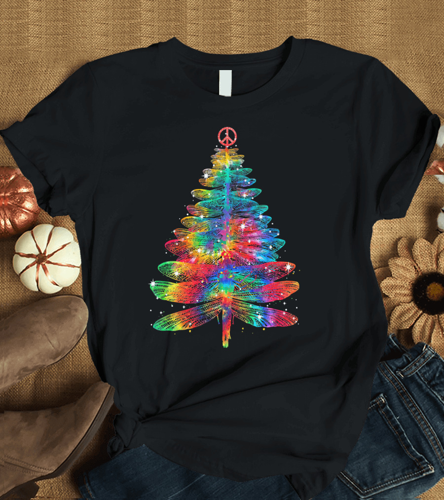 Dragonfly Christmas Tree Peace Sign Hippie Tie Dye Rainbow T-Shirt
