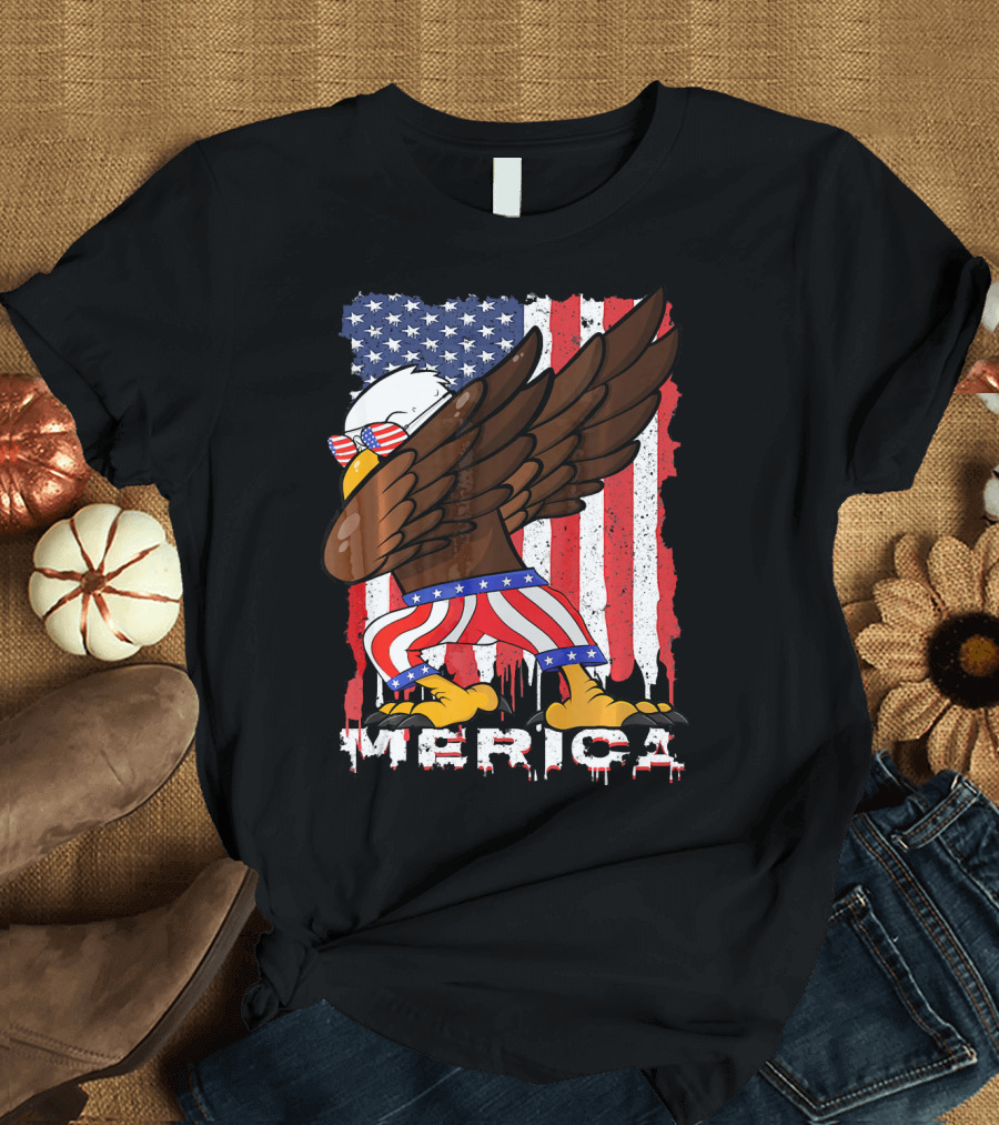 Dabbing Eagle Kids 4th of July Merica Celebration with American Flag Background T-Shirt
