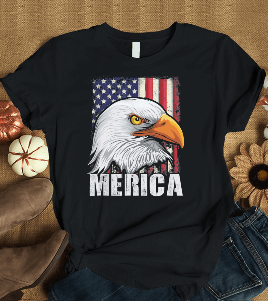 Distressed Bald Eagle Merica Patriot American Flag T-Shirt
