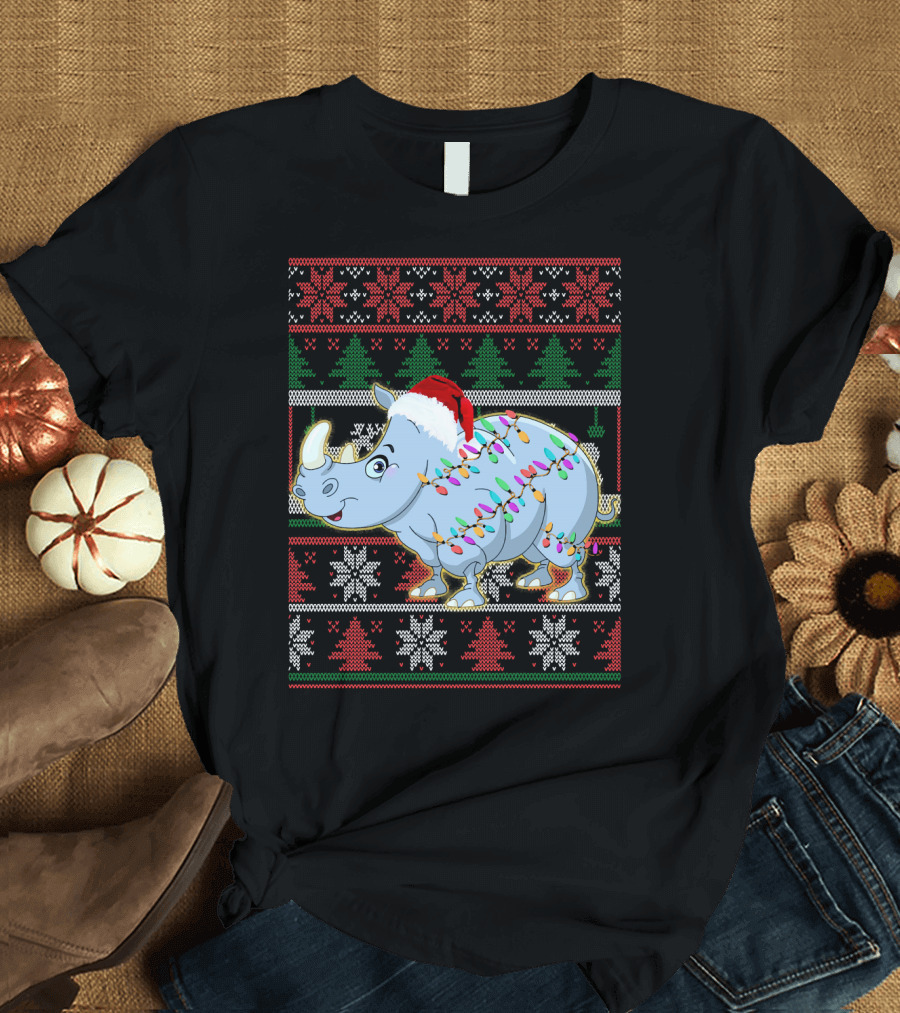 Cute Rhino Lover Christmas Lights Santa Hat Holiday T-Shirt