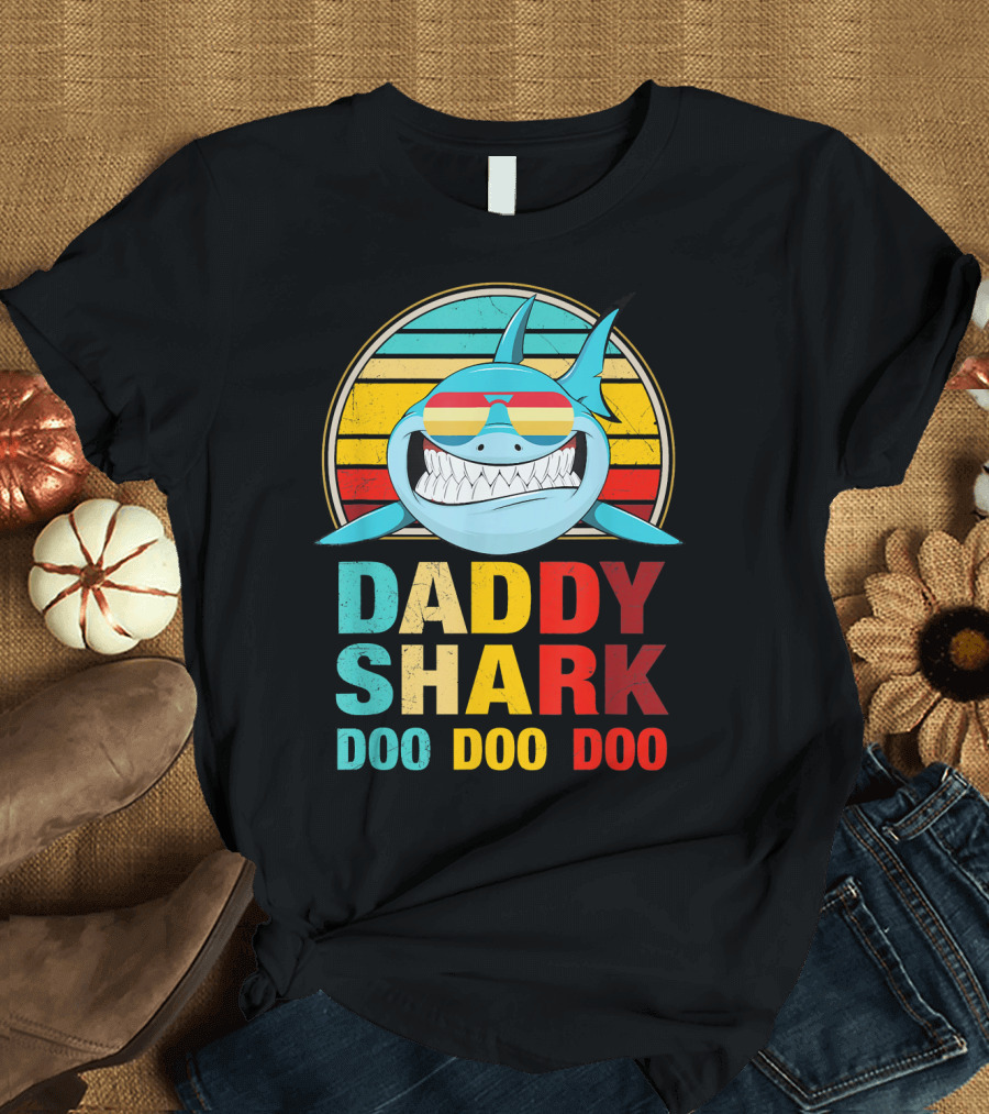 Daddy Shark Doo Doo Doo Retro Sunset Glasses T-Shirt