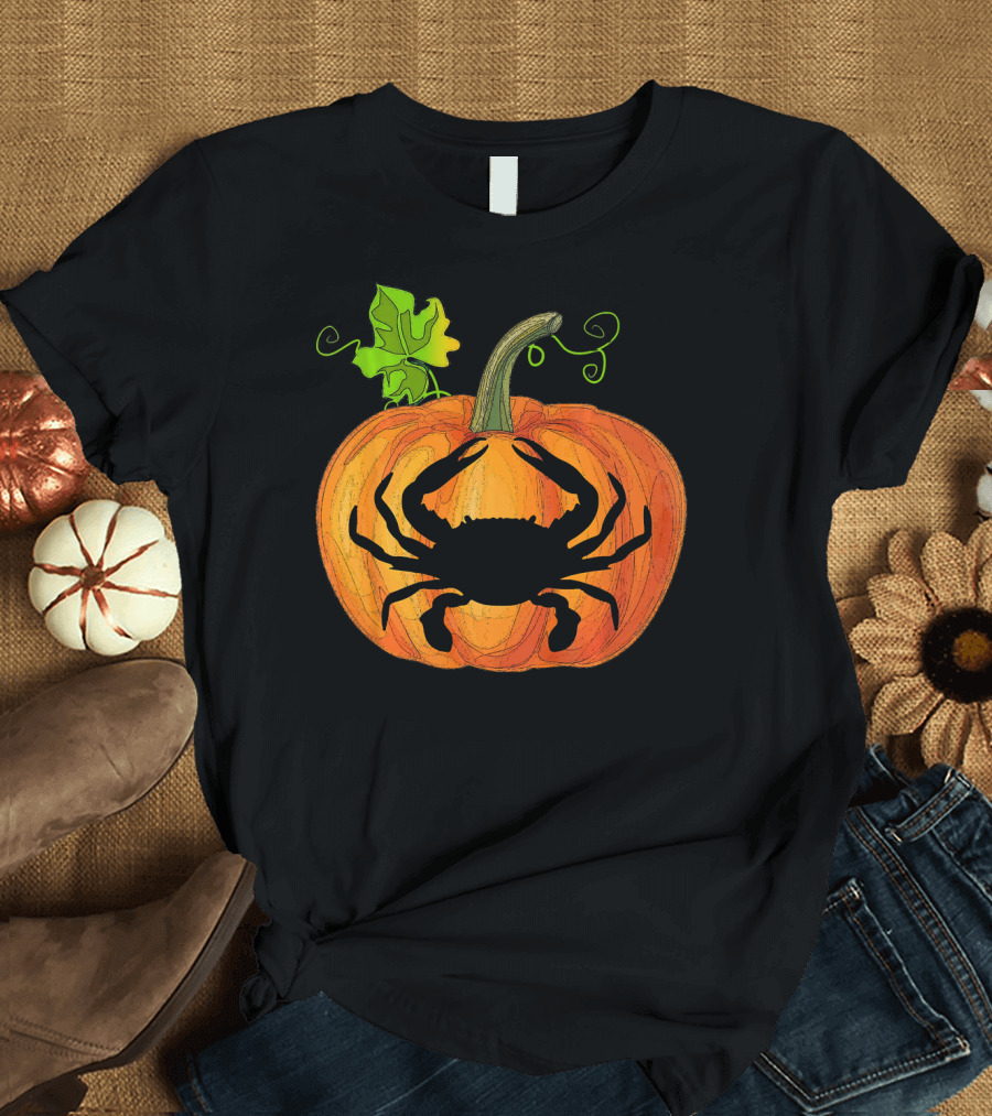 Crab Silhouette in Orange Pumpkin with Leaf and Stem T-Shirt