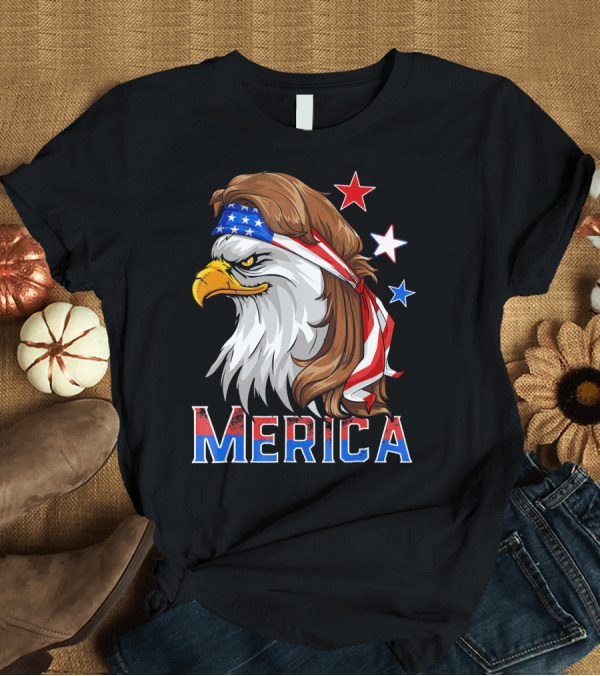 T-Shirt: Merica Eagle Mullet American Flag Bandana Stars T-Shirt Merica Eagle Mullet American Flag Bandana Stars T-Shirt