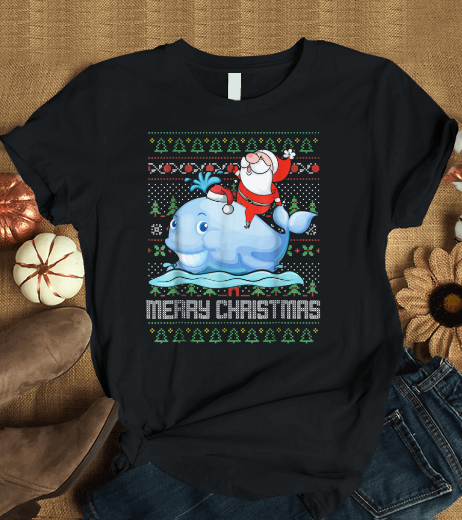 Funny Santa Claus Riding Christmas Whale Merry Christmas T-Shirt
