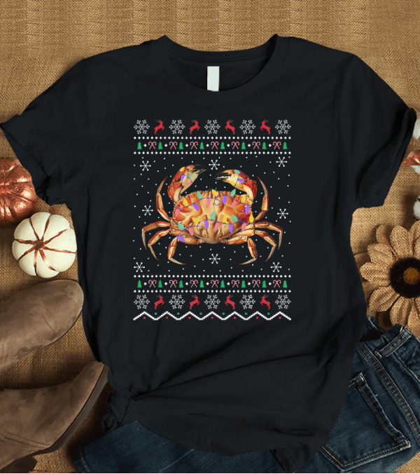 T-Shirt: Crabs Lover Christmas Ugly Sweater with Festive Crab and Holiday Icons T-Shirt Crabs Lover Christmas Ugly Sweater with Festive Crab and Holiday Icons T-Shirt