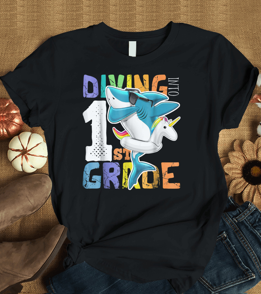 Diving Into 1st Grade Dabbing Shark with Inflatable Unicorn T-Shirt