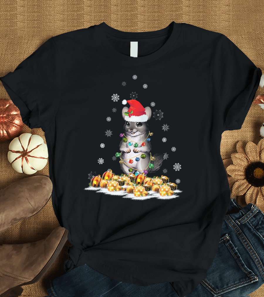 Funny Cute Chinchilla with Christmas Hat and Light Surrounded by Ornaments and Snowflakes T-Shirt