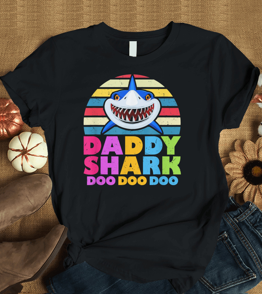 Daddy Shark Doo Doo Doo Rainbow Stripe Shark Face T-Shirt