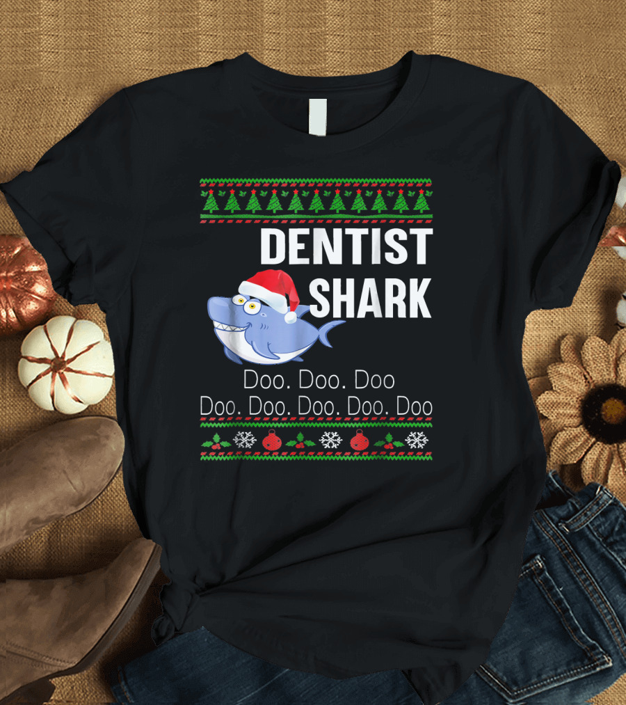 Dentist Shark Doo Doo Doo Christmas Santa Hat Holiday T-Shirt