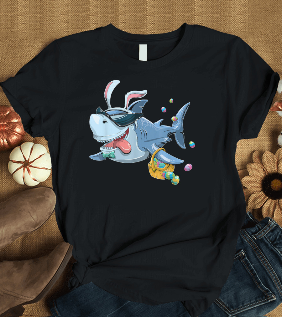 Easter with Cool Shark Wearing Bunny Ears Sunglasses and Carrying Colorful Eggs T-Shirt