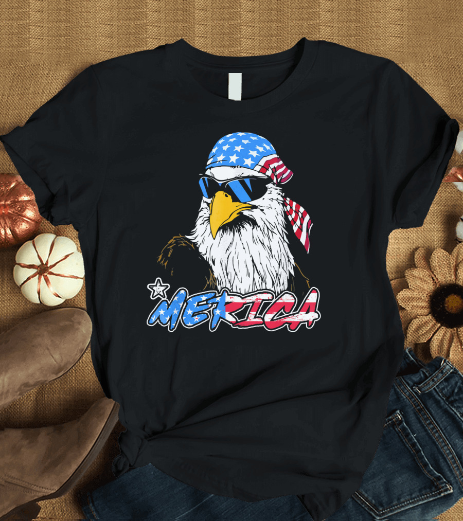 Eagle Merica Patriotic Bandana and Sunglasses American Flag 4th of July T-Shirt
