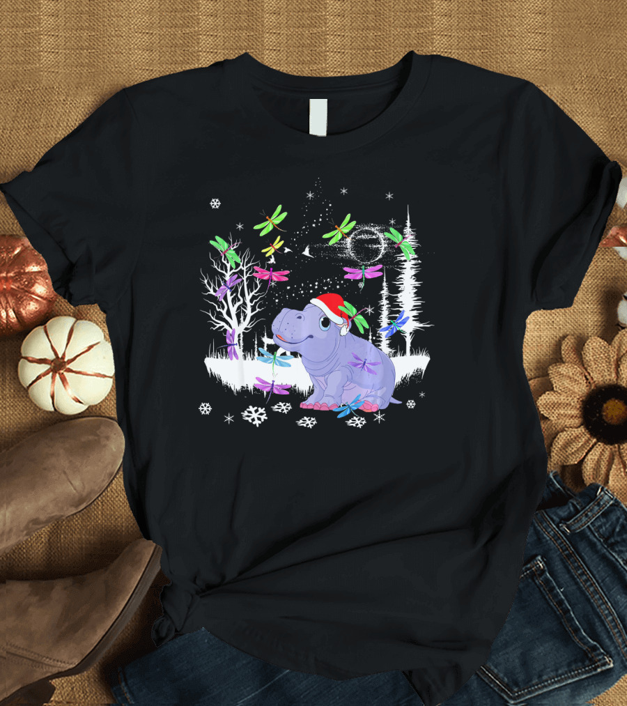Cute Hippopotamus with Santa Hat and Colorful Dragonflies in Snowy Winter Forest T-Shirt